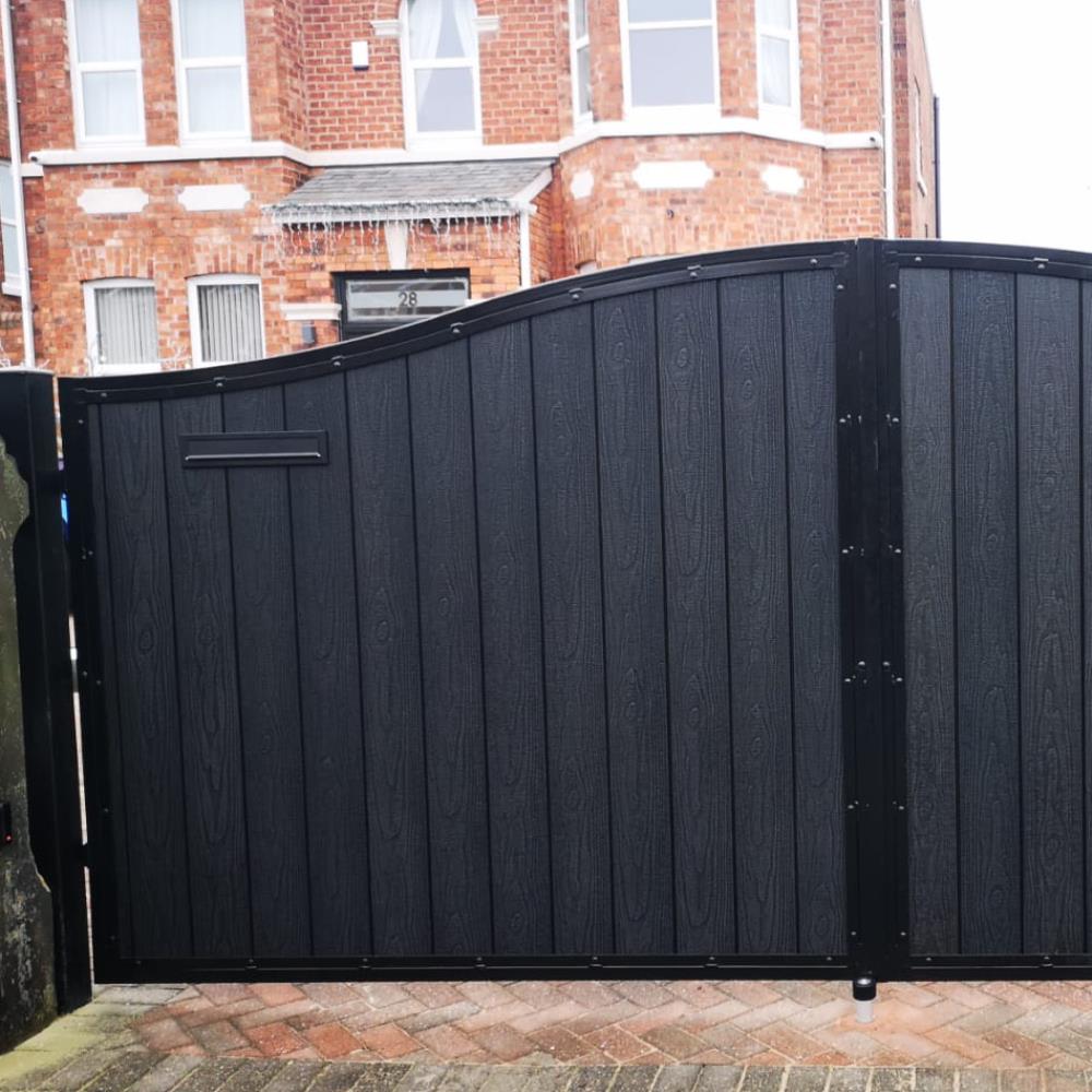 Detail of double black composite gate installation in Southport in Merseyside.